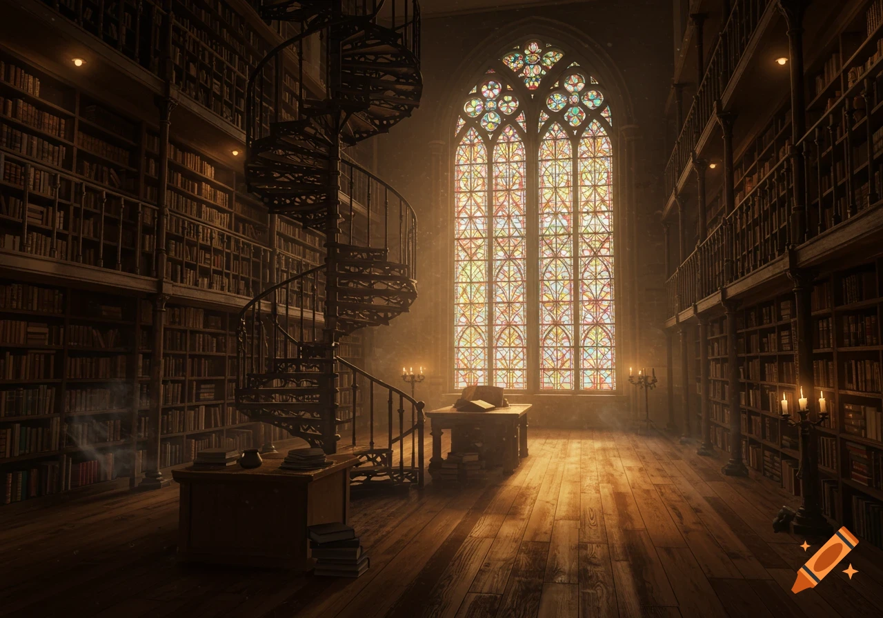 A grand, dimly lit library with a spiral staircase, towering bookshelves, and a large, colorful stained-glass window.