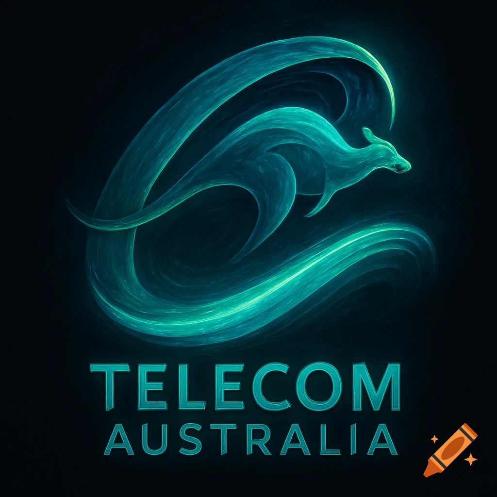 A glowing teal-green stylized logo featuring a jumping kangaroo within swirling abstract lines, with 'TELECOM AUSTRALIA' text below.
