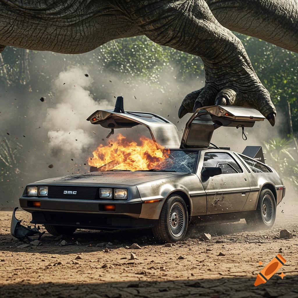 A photorealistic image of a silver DeLorean car on fire, crushed by a large dinosaur foot in a jungle setting.