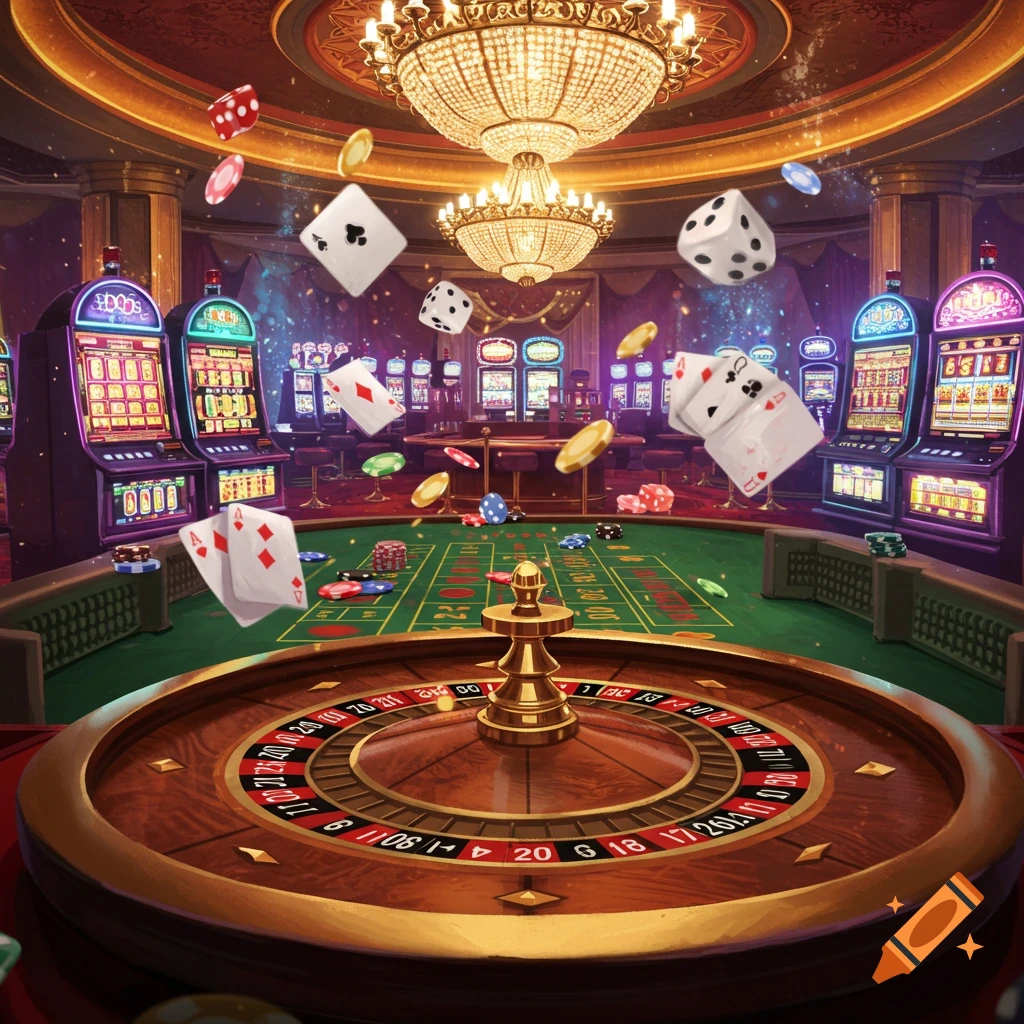An opulent casino interior with golden chandeliers, a roulette wheel in the foreground, slot machines, and playing cards, dice, and chips floating through the air.