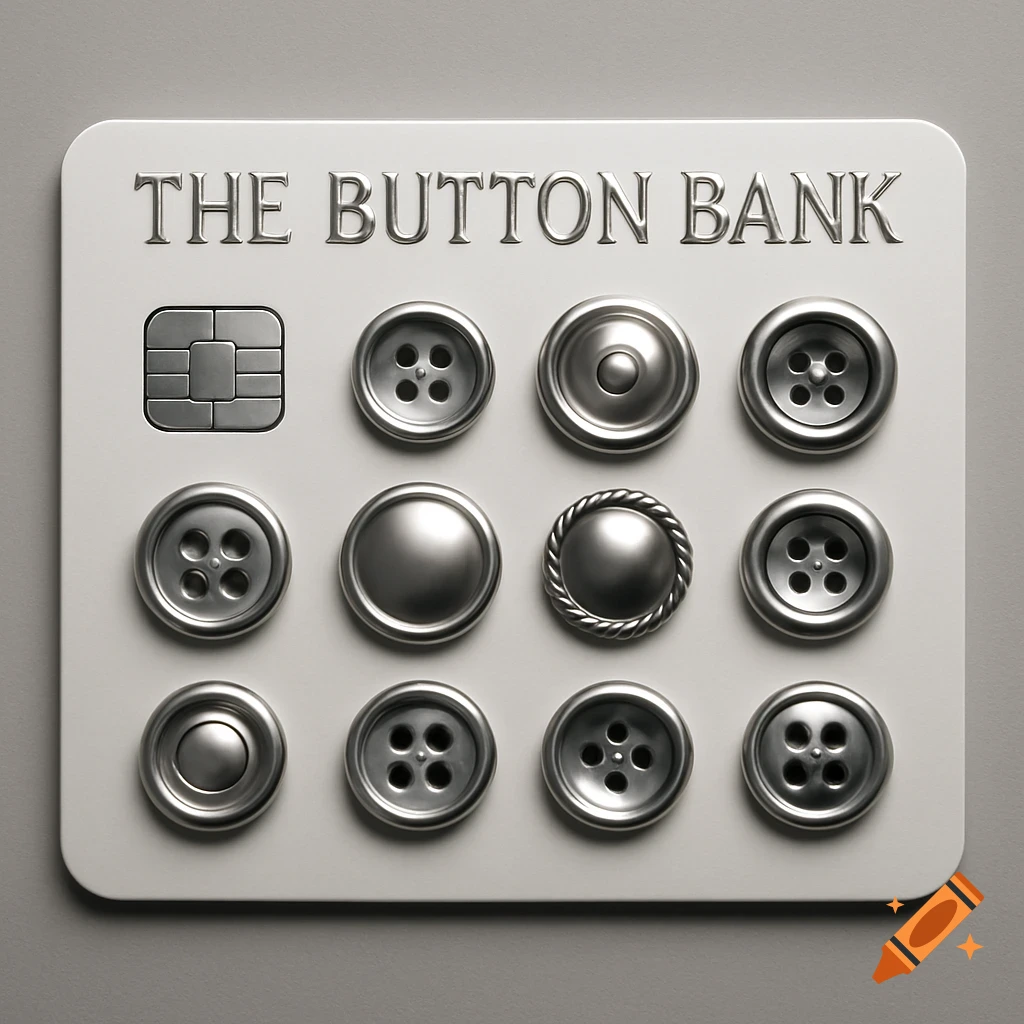 Photorealistic image of a white credit card with a chip and twelve silver buttons, embossed with 'THE BUTTON BANK' at the top.