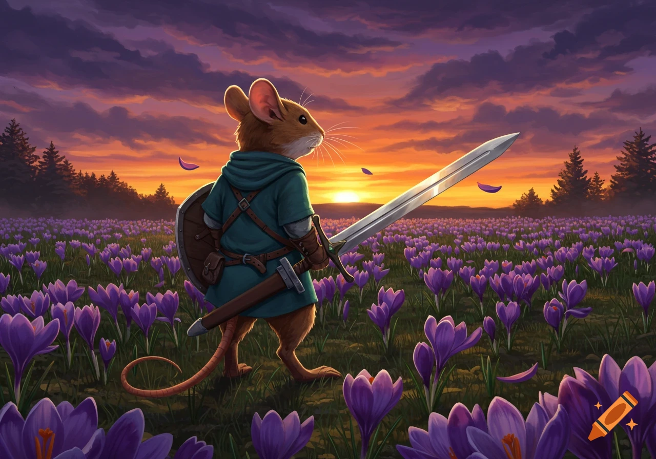 Fantasy illustration of a heroic mouse warrior with a sword and shield in a field of purple crocus flowers, watching a vibrant sunset.