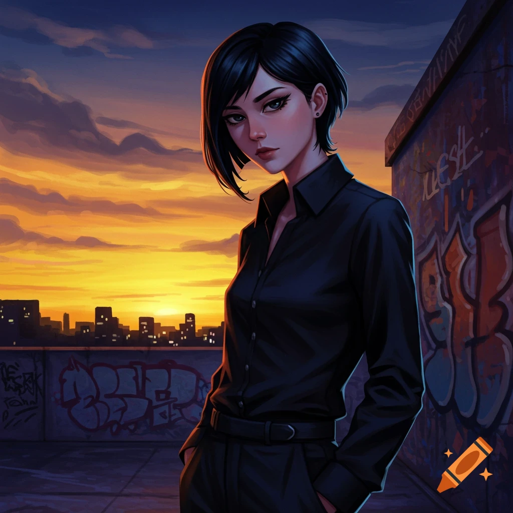 A short-haired woman in a black shirt and trousers stands on a rooftop with graffiti, a city skyline and sunset behind her, anime style.