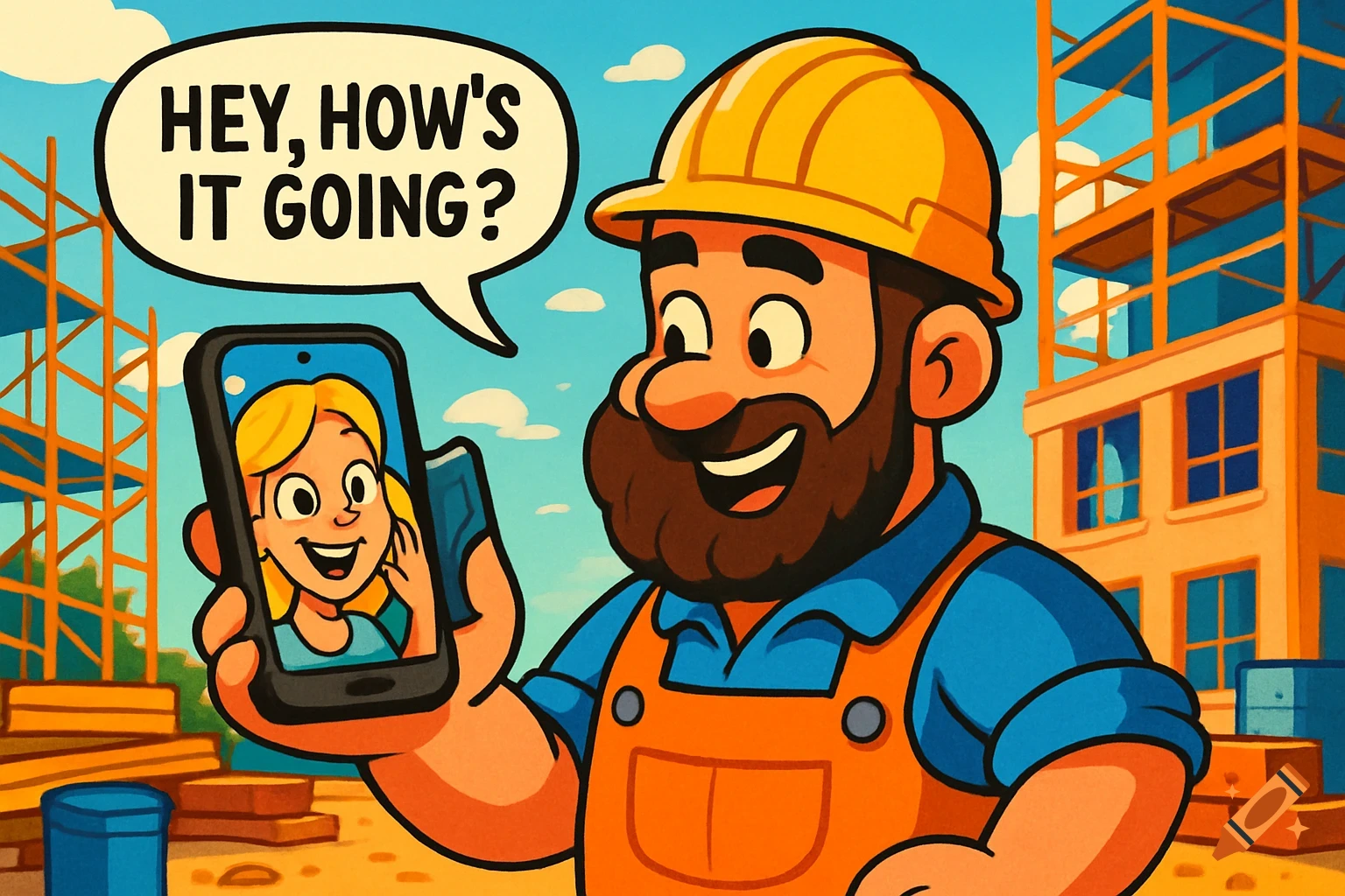 A cartoon construction worker in a hard hat holds a smartphone showing a woman, with a speech bubble saying 'Hey, how's it going?' at a construction site.