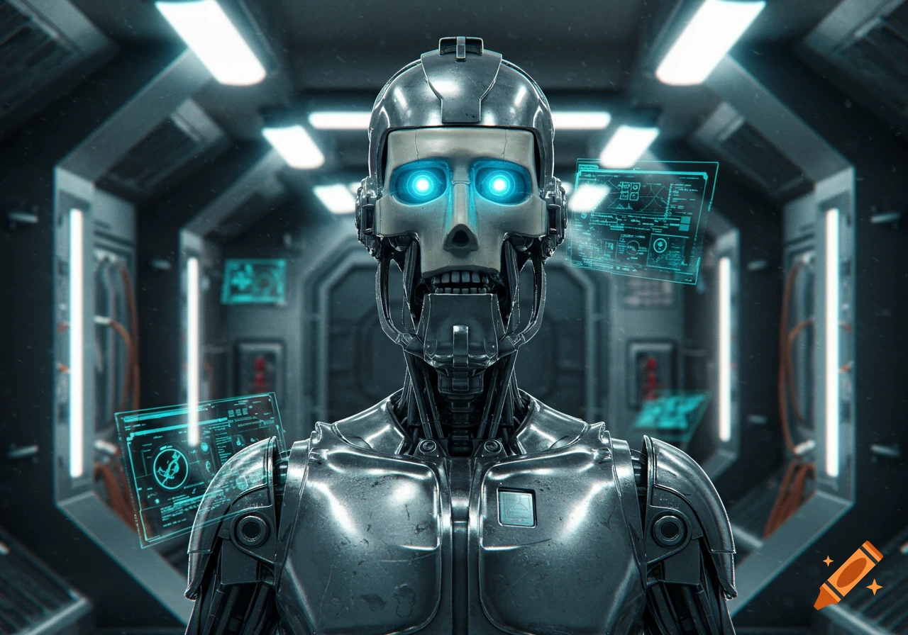 A metallic robot with glowing blue eyes stands in a futuristic corridor, surrounded by holographic screens displaying data.