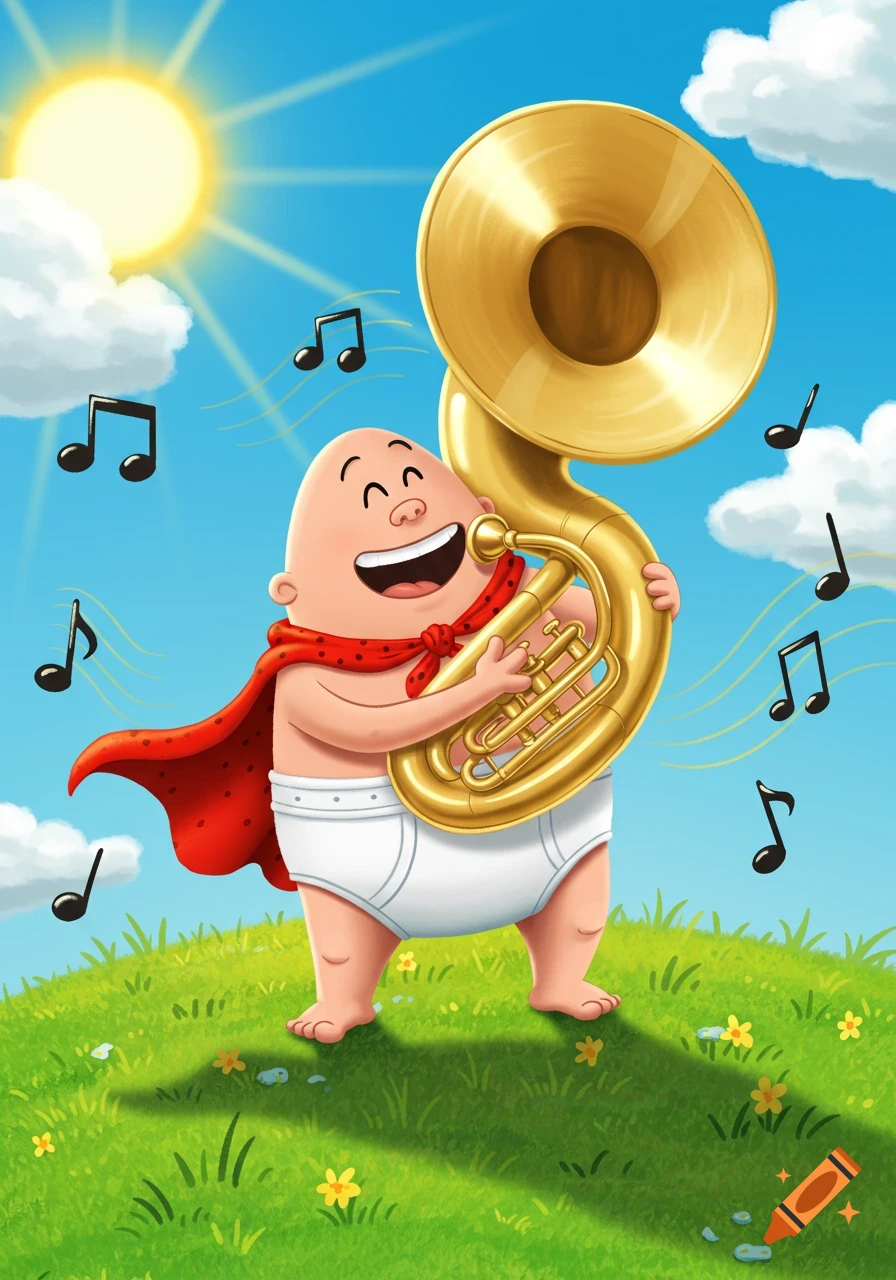 A happy cartoon Captain Underpants in underwear and a red cape playing a tuba on a sunny grassy hill.