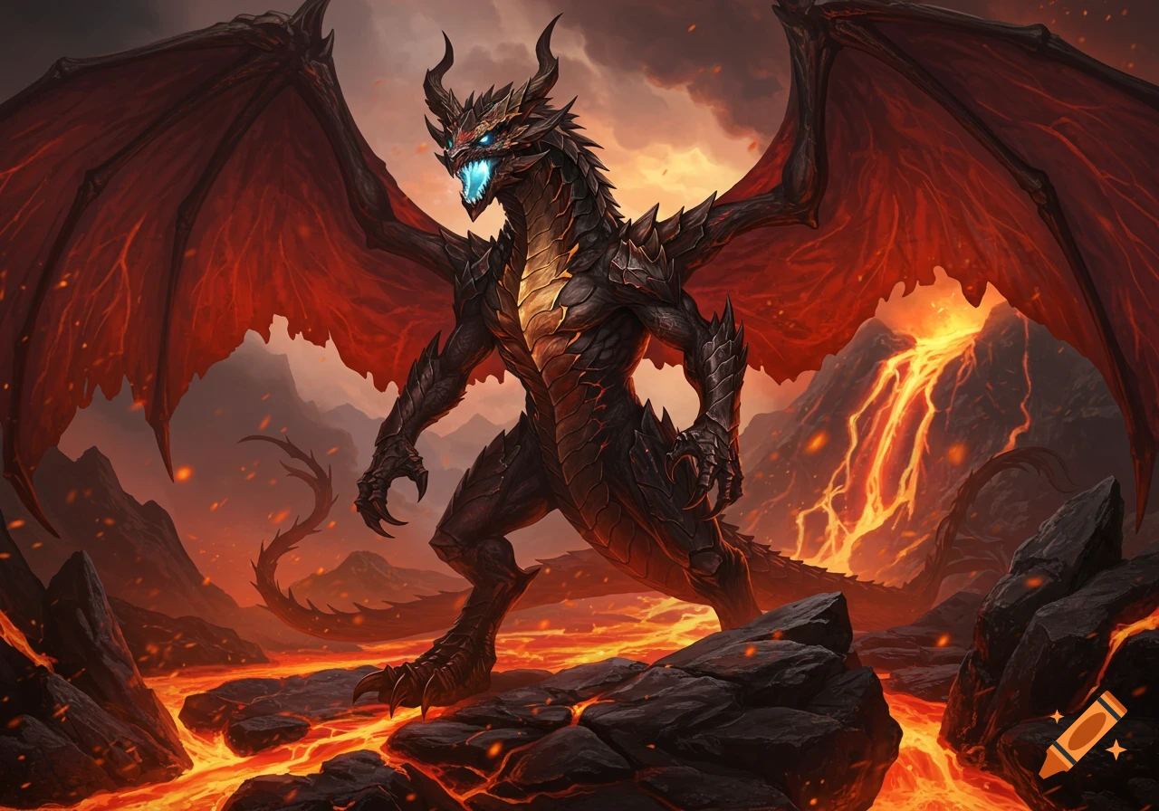 A powerful black dragon with large red wings and glowing blue eyes stands in a fiery volcanic landscape with flowing lava.