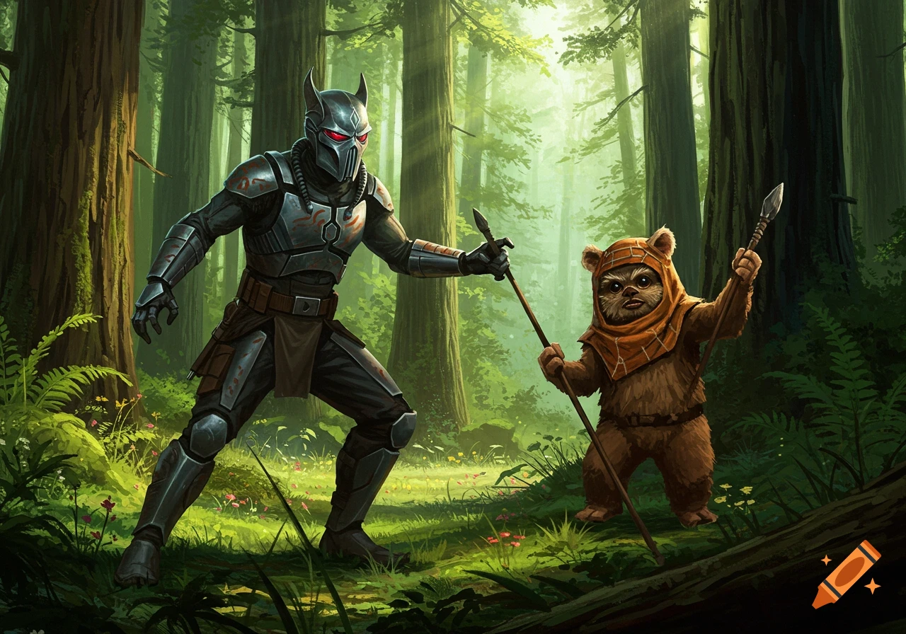 An armored warrior and an Ewok, both holding spears, stand in a lush forest. Digital fantasy art style.