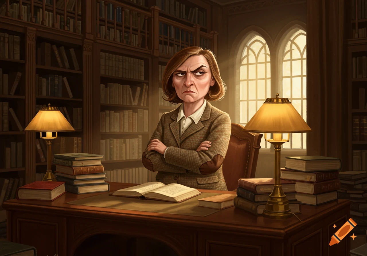 A grumpy female librarian with arms crossed sits at a desk piled with books in a grand library, rendered in a stylized illustration.