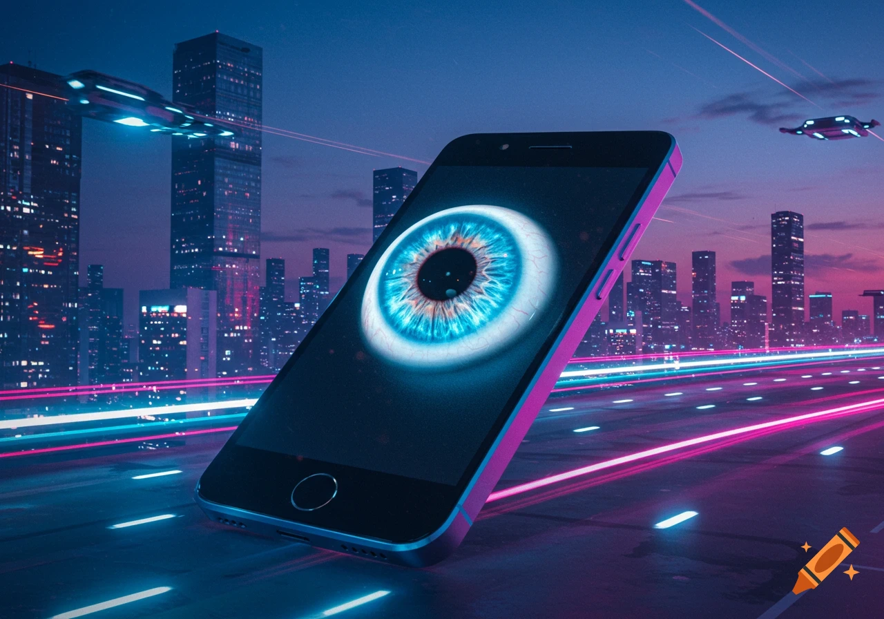 A smartphone displaying a detailed blue eye, set in a neon-lit cyberpunk city with flying vehicles and light trails at dusk.