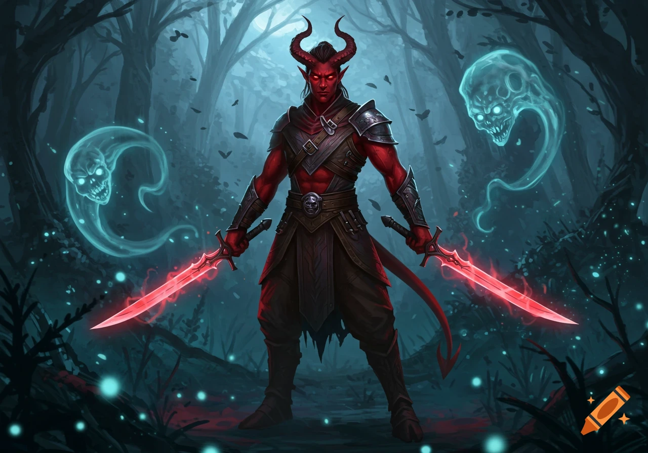 A red-skinned Tiefling warrior with horns and glowing red eyes stands in a dark forest, holding two glowing red swords, flanked by two ghostly skulls.