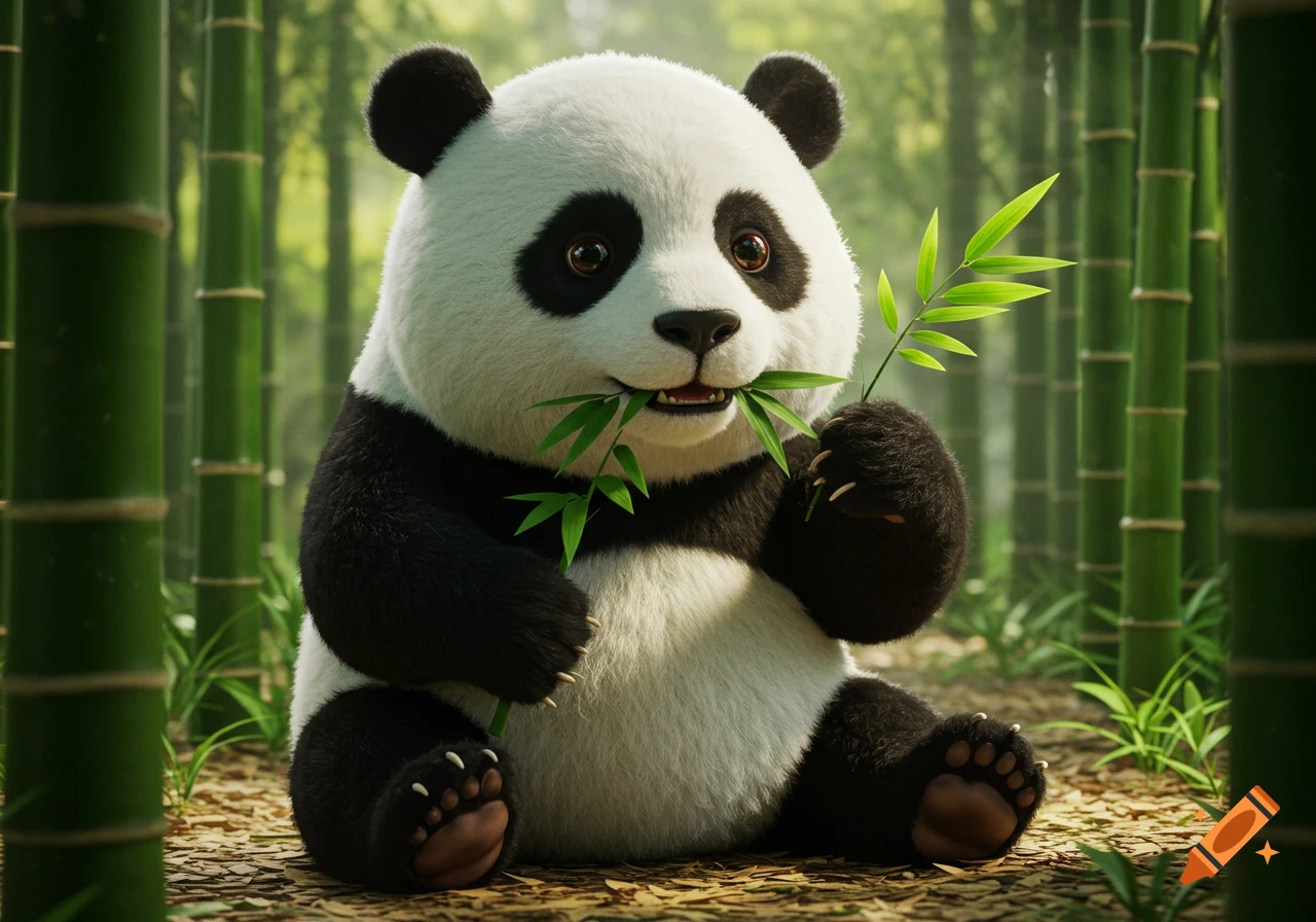 A cute 3D-rendered panda sits in a bamboo forest, munching on green bamboo leaves.