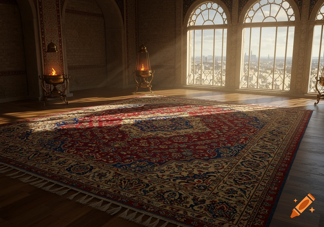A grand, ornate room with a large red and blue Persian rug, illuminated by sunlight streaming through arched windows overlooking a city.