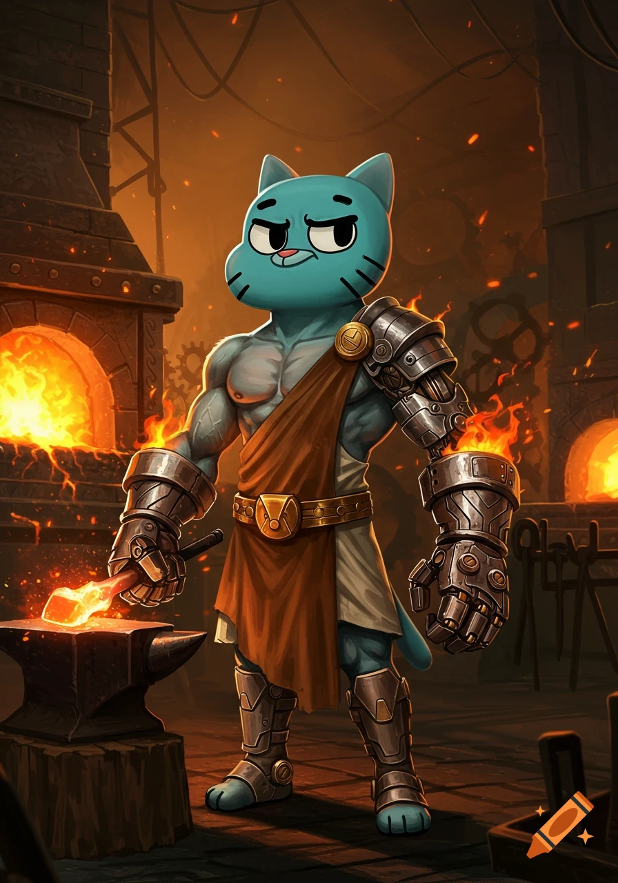 Muscular Gumball, the blue cat, as a blacksmith, wearing armor and tunic, forging metal with a glowing hammer in a fiery forge.