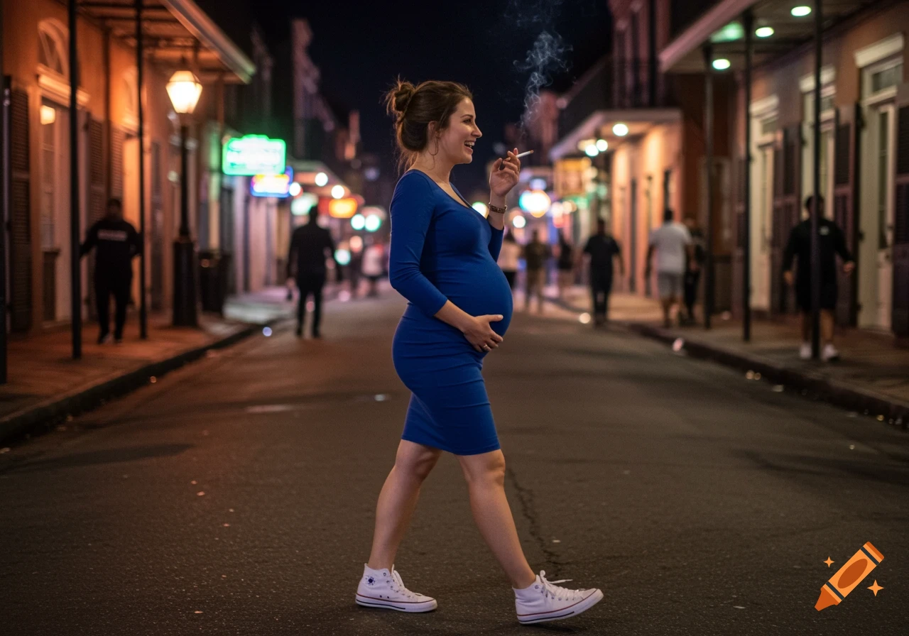 A smiling pregnant woman in a blue dress and white sneakers walks down a lively city street at night, holding a cigarette.