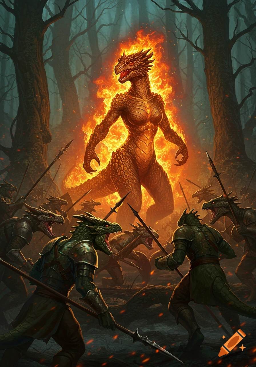 A colossal female fire dragon confronts an army of armored green dragons with spears in a dark, mystical forest.