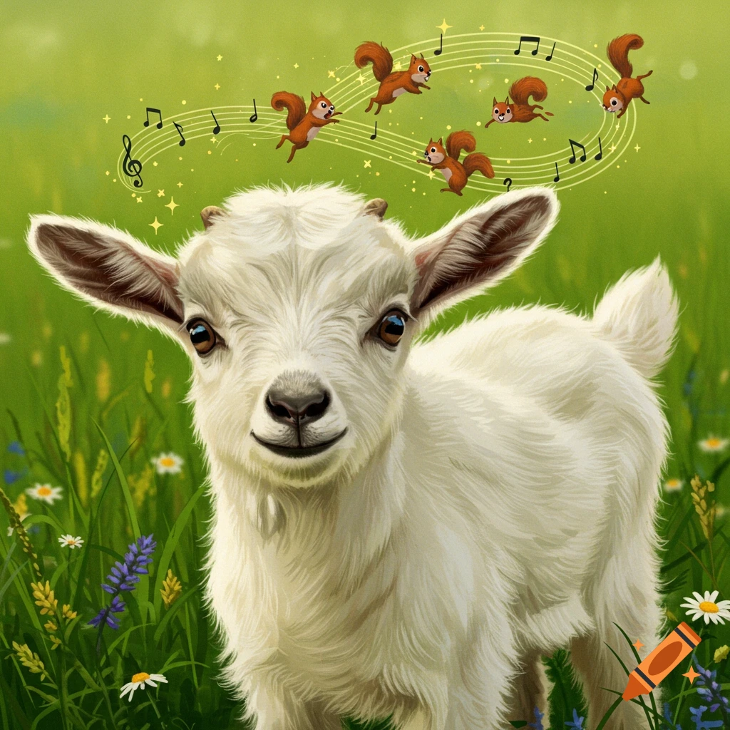 A cute white baby goat smiles in a green field with wildflowers, as five cartoon squirrels leap along musical staff lines and notes above its head.