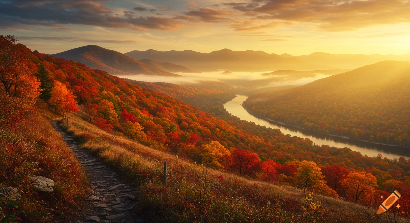 A vibrant autumn landscape overlooking the Appalachian Mountains at sunrise, with a river winding through fall foliage and a hiking trail in the foreground.