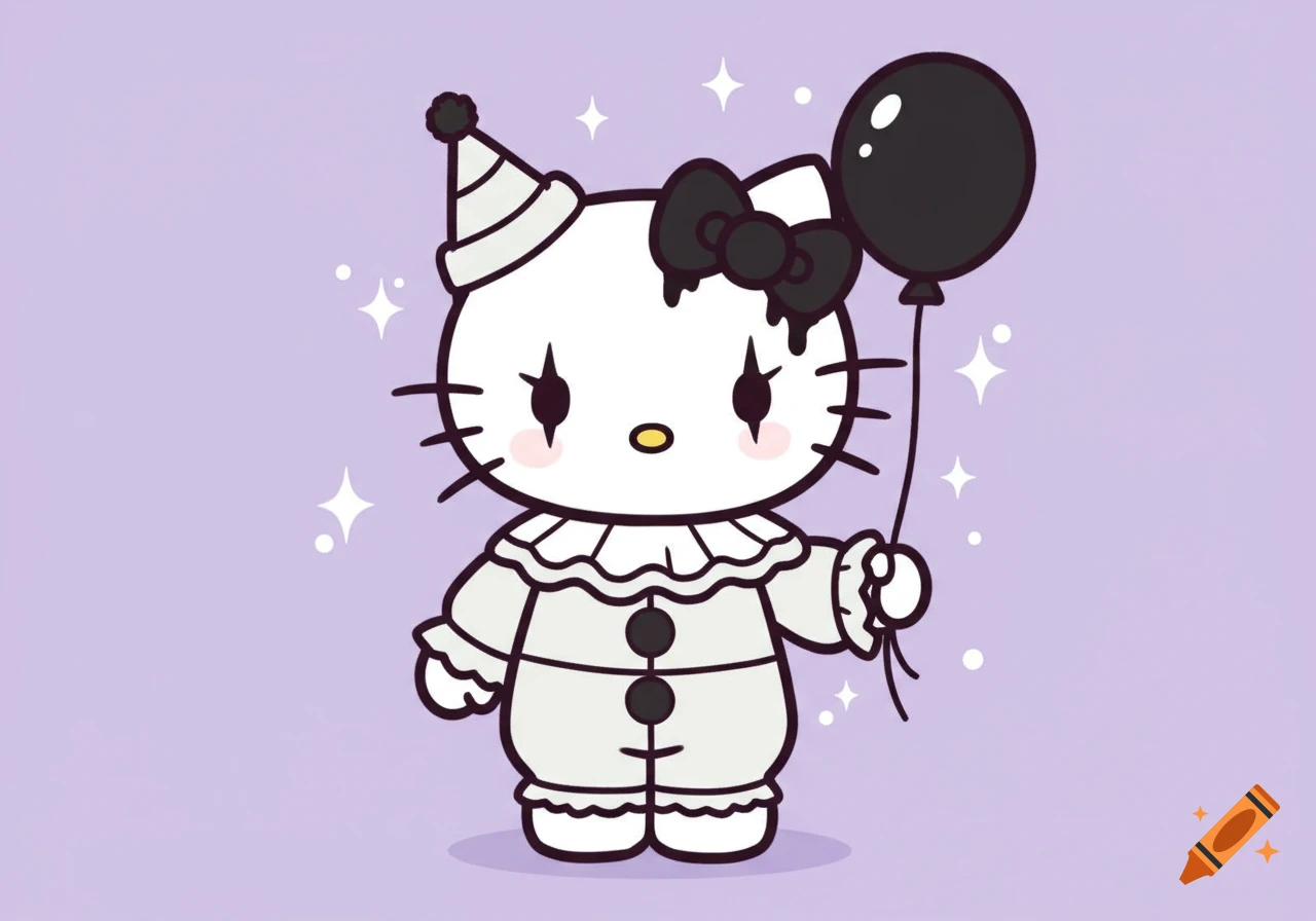 Kawaii Hello Kitty as a clown in a white suit with a black bow and balloon, on a sparkly lilac background.