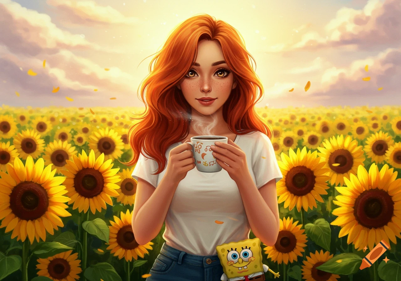 An anime-style woman with red hair and amber eyes holds a steaming coffee mug in a vibrant sunflower field under a sunny sky. A small Spongebob Squarepants figure stands by her side.