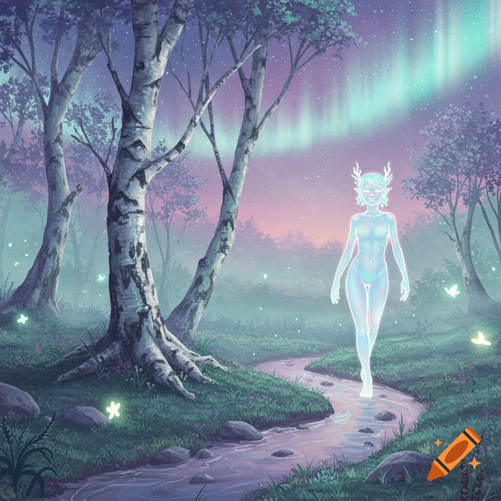 Ethereal fairy-like figure with antlers glowing in a mystical forest with a stream, aurora borealis, and fireflies at dusk.