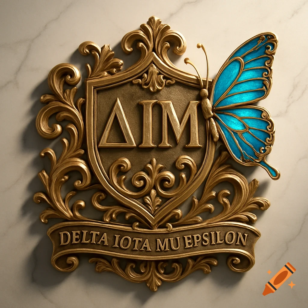 Ornate 3D golden sorority crest featuring "ΔΙΜ" and "DELTA IOTA MU EPSILON" text, adorned with a blue butterfly on a marble background.