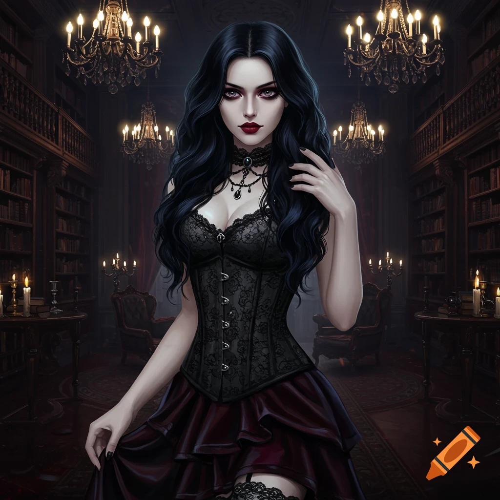 A gothic woman with long dark hair, wearing a black corset and dark red skirt, stands in a dimly lit, ornate library with chandeliers.