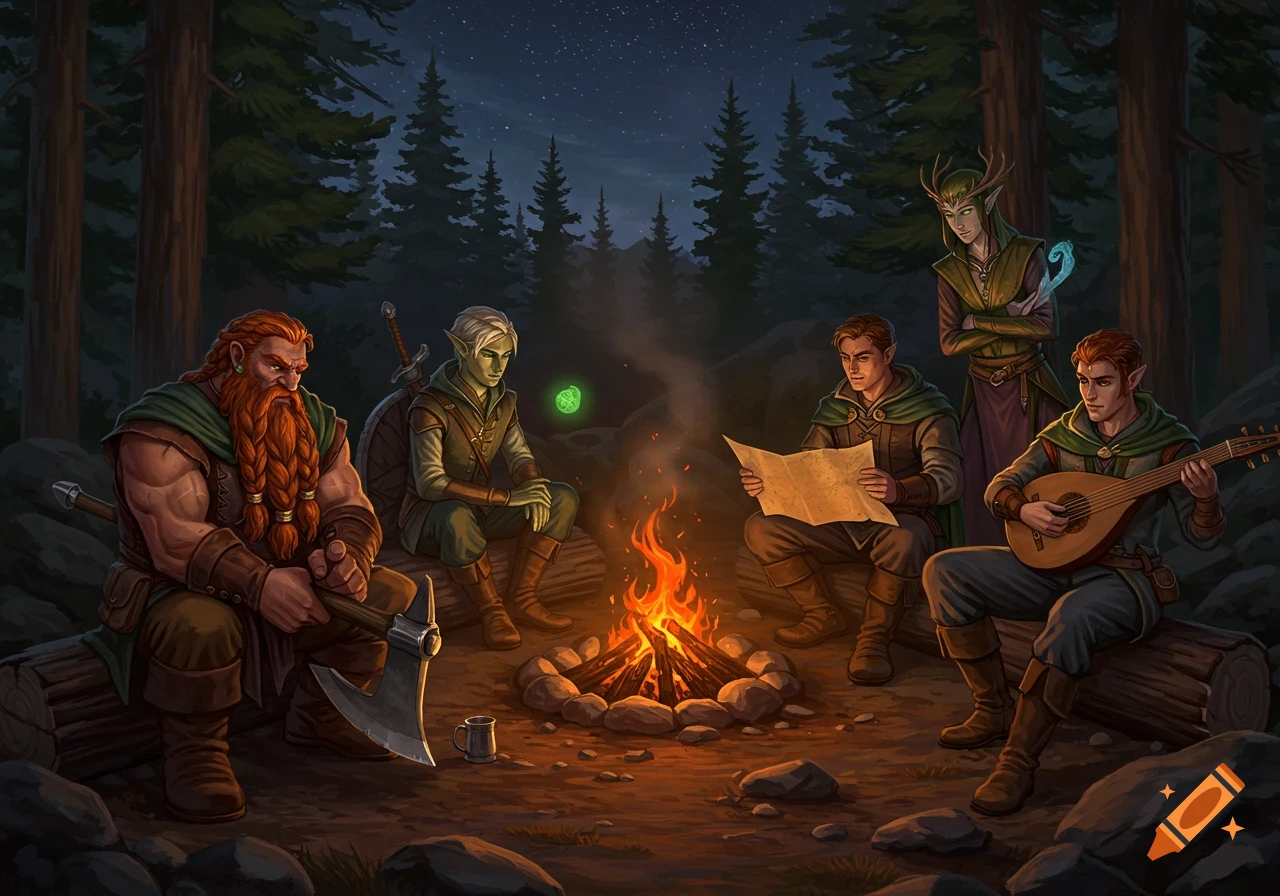 Fantasy adventuring group, including a dwarf and elves, resting around a campfire in a dark forest, playing music and reading a map.