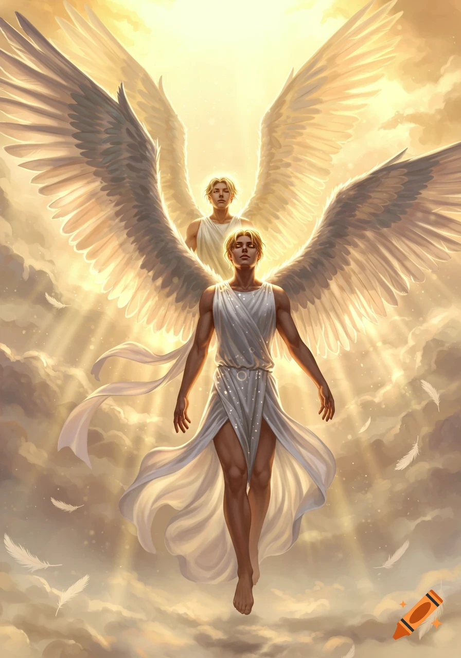 Two male angels with large white wings float amidst golden light and clouds. The foreground angel wears a flowing white tunic.