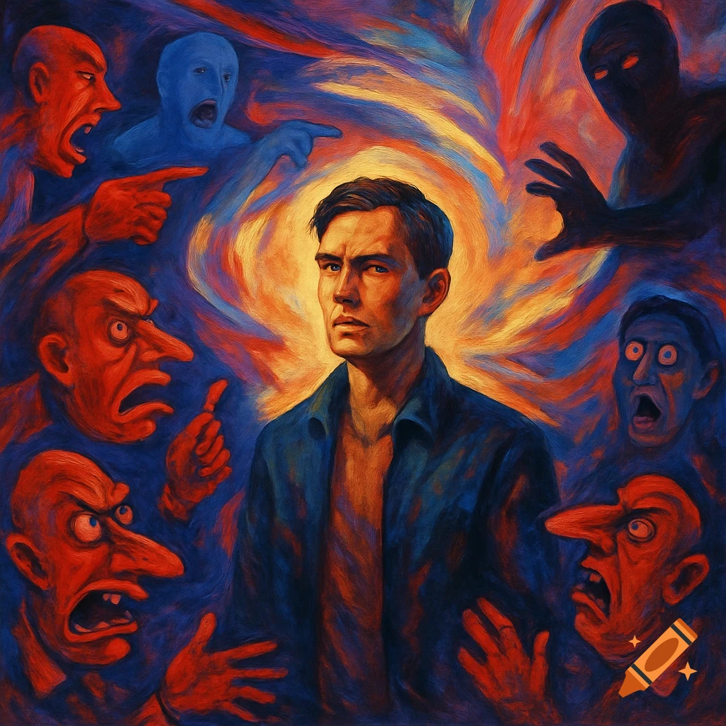 Expressionistic painting of a man surrounded by angry, distorted faces and swirling colors, conveying psychological tension and conflict.