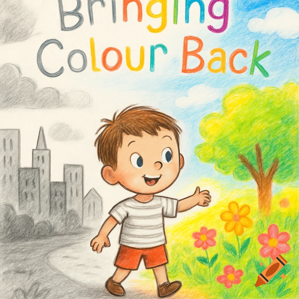 A cartoon boy walks from a grayscale city into a colorful field with flowers and a tree, under the title 'Bringing Colour Back'.
