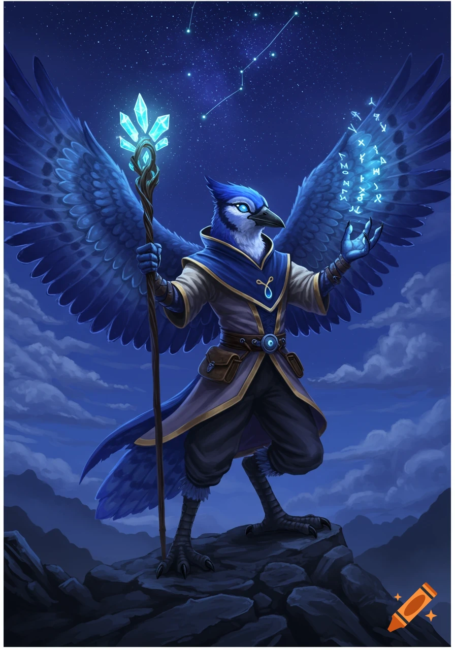 A bluejay arracocra mage with outstretched wings and a crystal staff stands on a mountain peak under a starry sky, conjuring glowing runes.