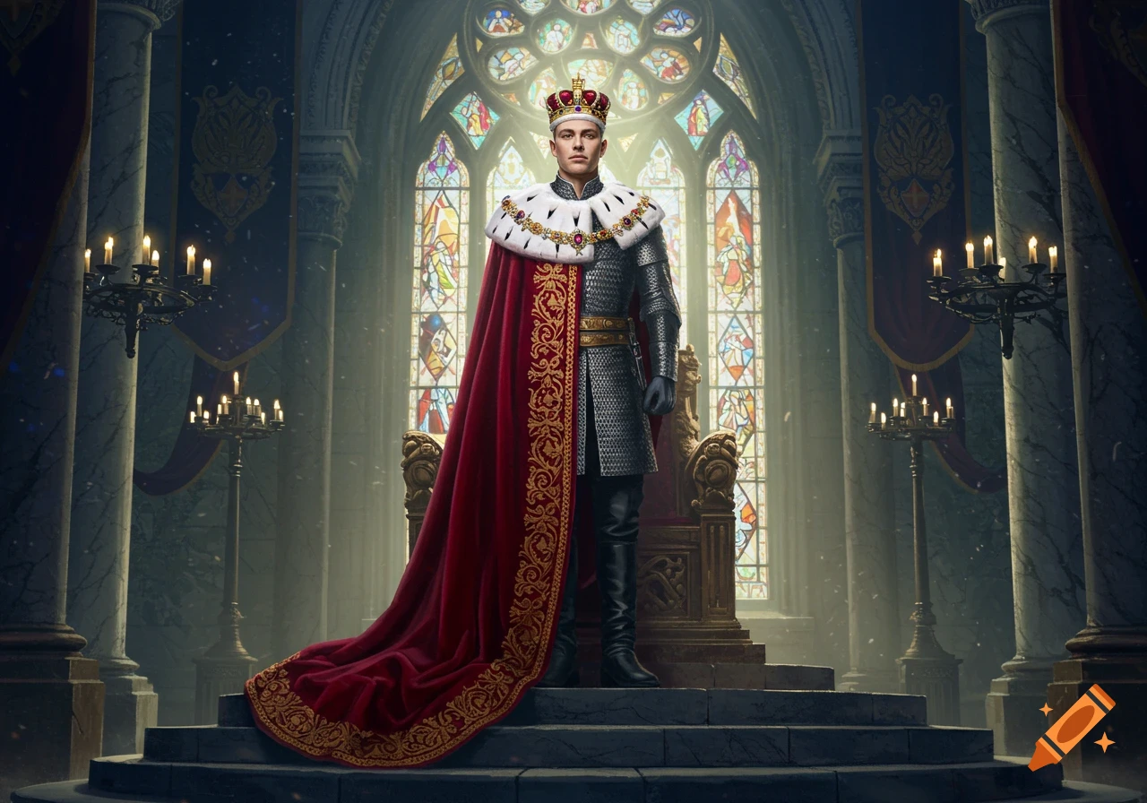 A majestic young king in a crown and regal red and gold cape stands in a grand hall with stained glass windows.