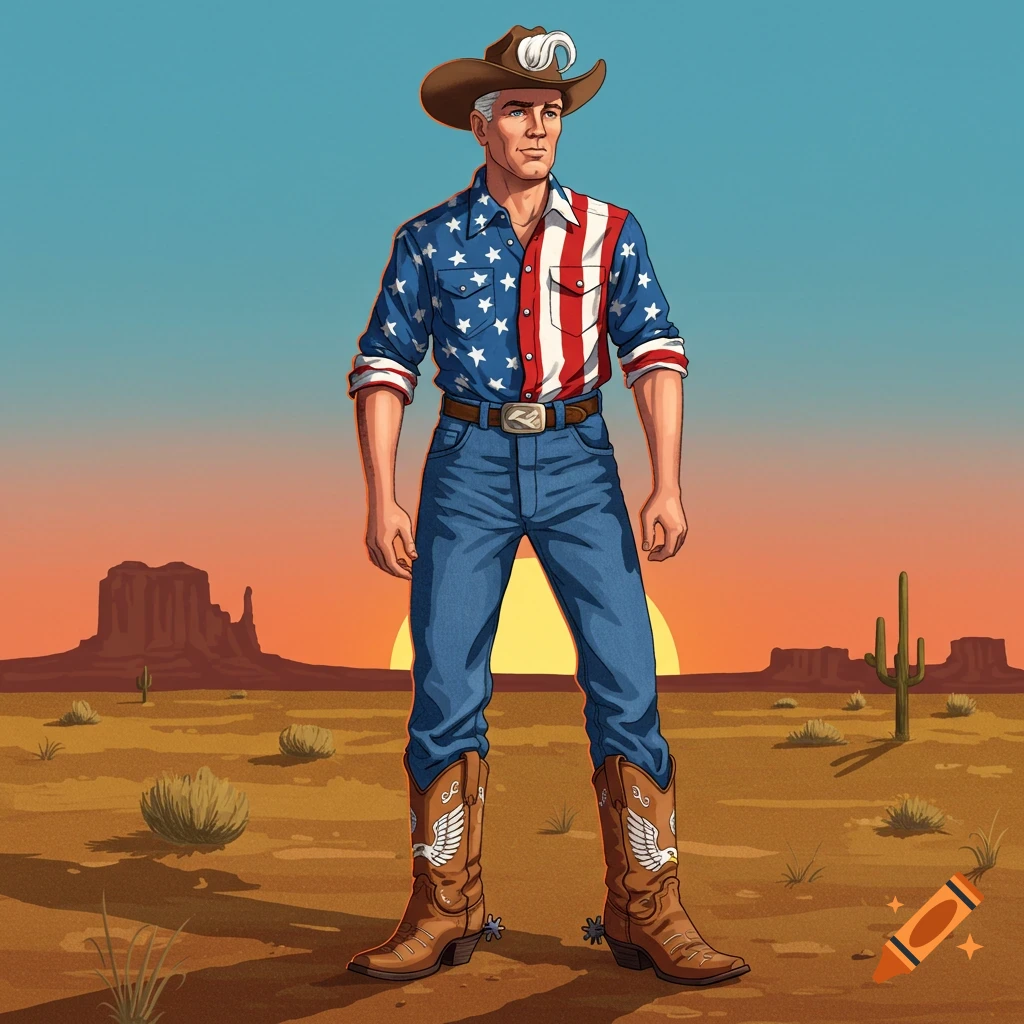 1950s illustration of an American cowboy in a stars and stripes shirt, jeans, and eagle boots, standing in a desert at sunset.