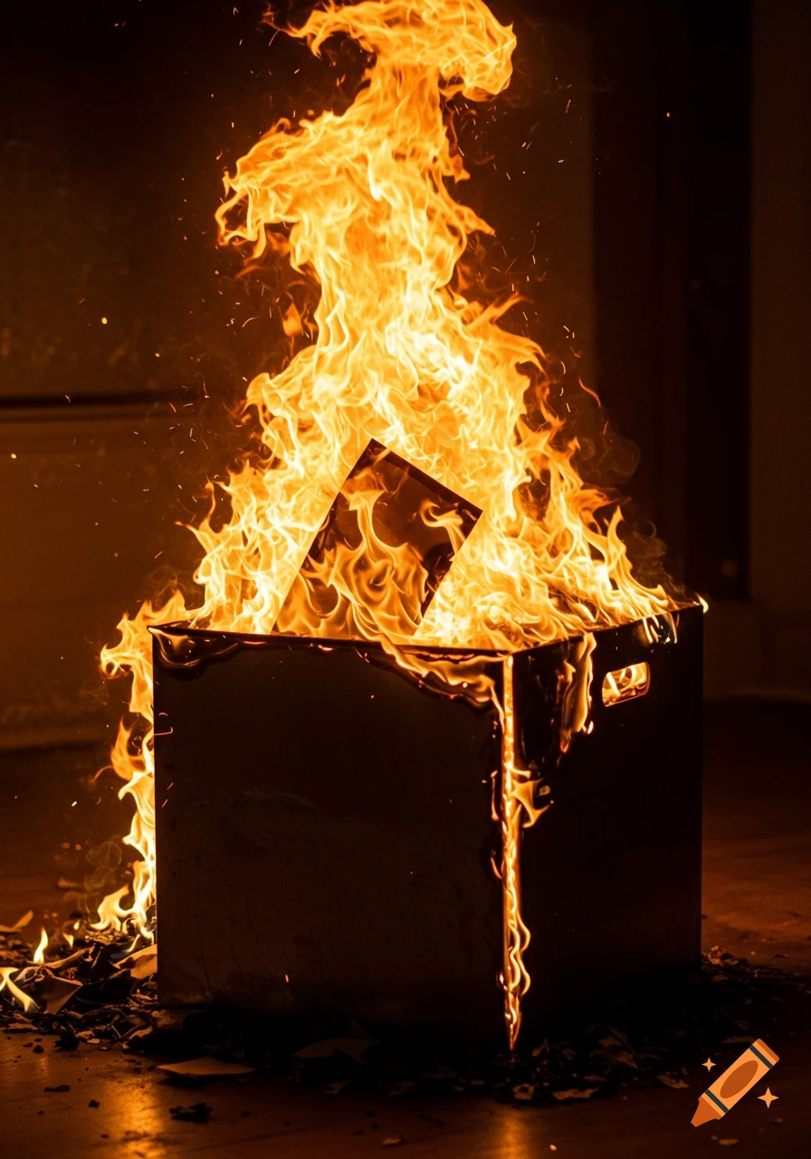 A dark ballot box is engulfed in bright orange and yellow flames, with embers scattering, against a dark background, in a photorealistic style.