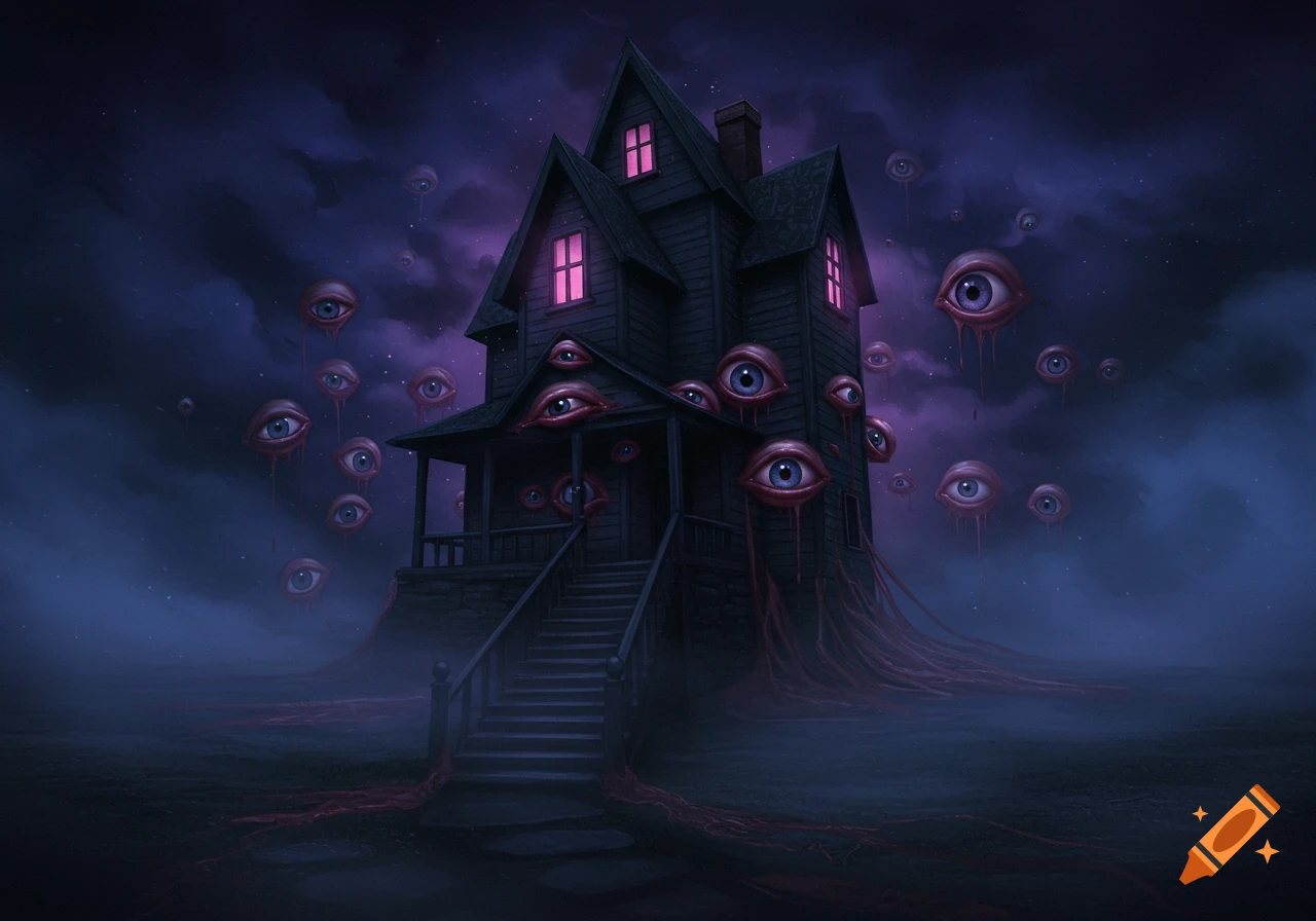 A dark, eerie house with glowing pink windows, covered in blue eyes that drip red tendrils, under a spooky purple night sky.