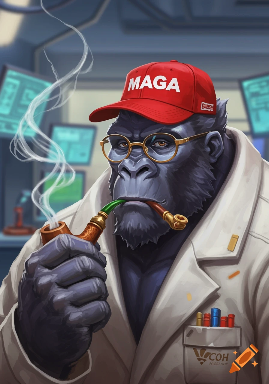 A stylized illustration of a gorilla wearing a lab coat, glasses, and a red MAGA hat, smoking a pipe. He has a thoughtful expression in a science lab setting.