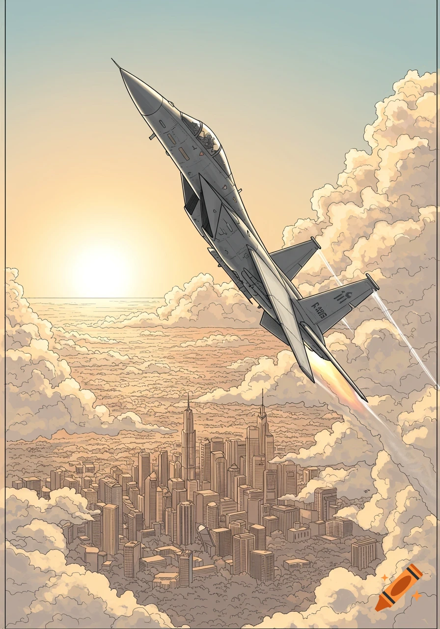A detailed comic art sketch of a military jet flying over a city skyline at sunset, surrounded by clouds.