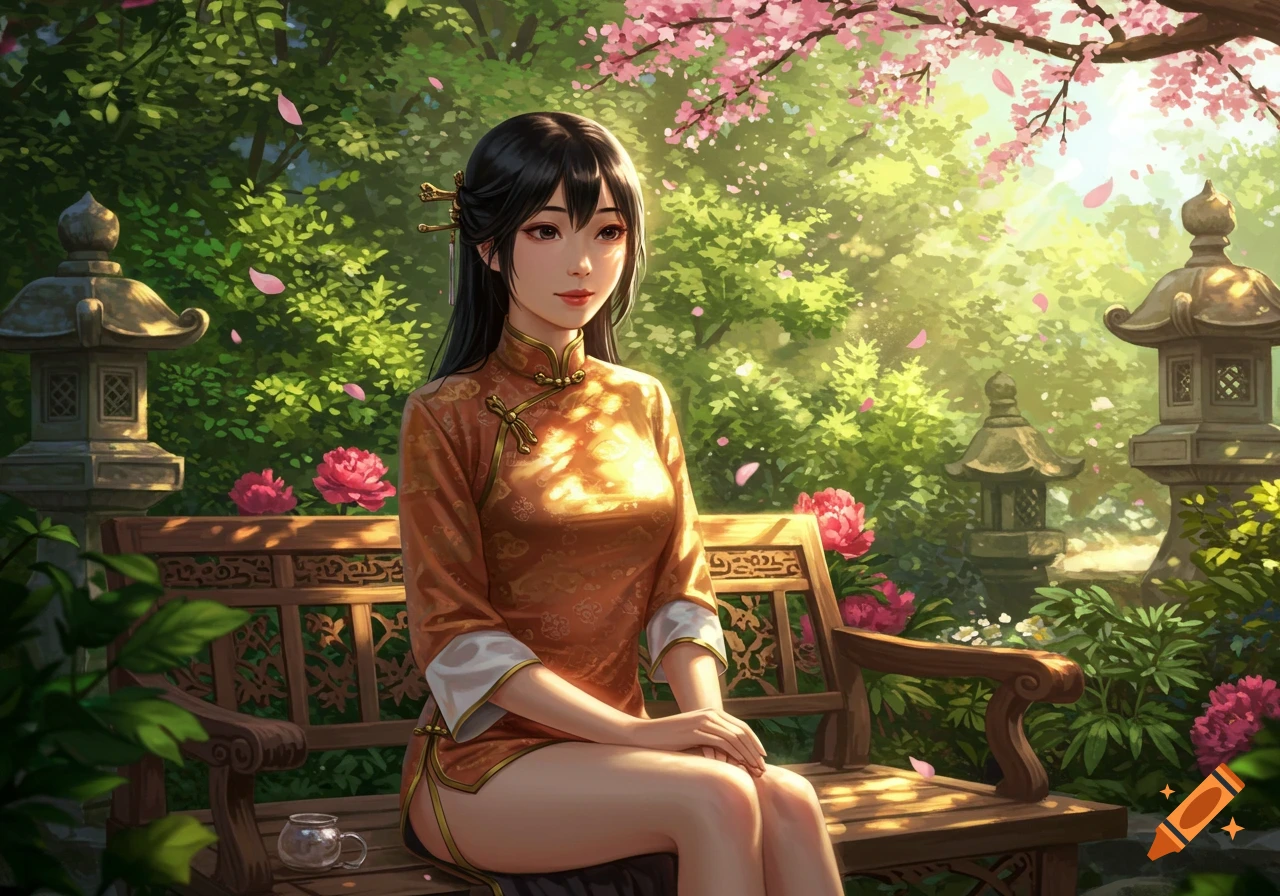 Digital painting of an Asian woman in an orange cheongsam on a bench in a sunny garden with cherry blossoms and stone lanterns.