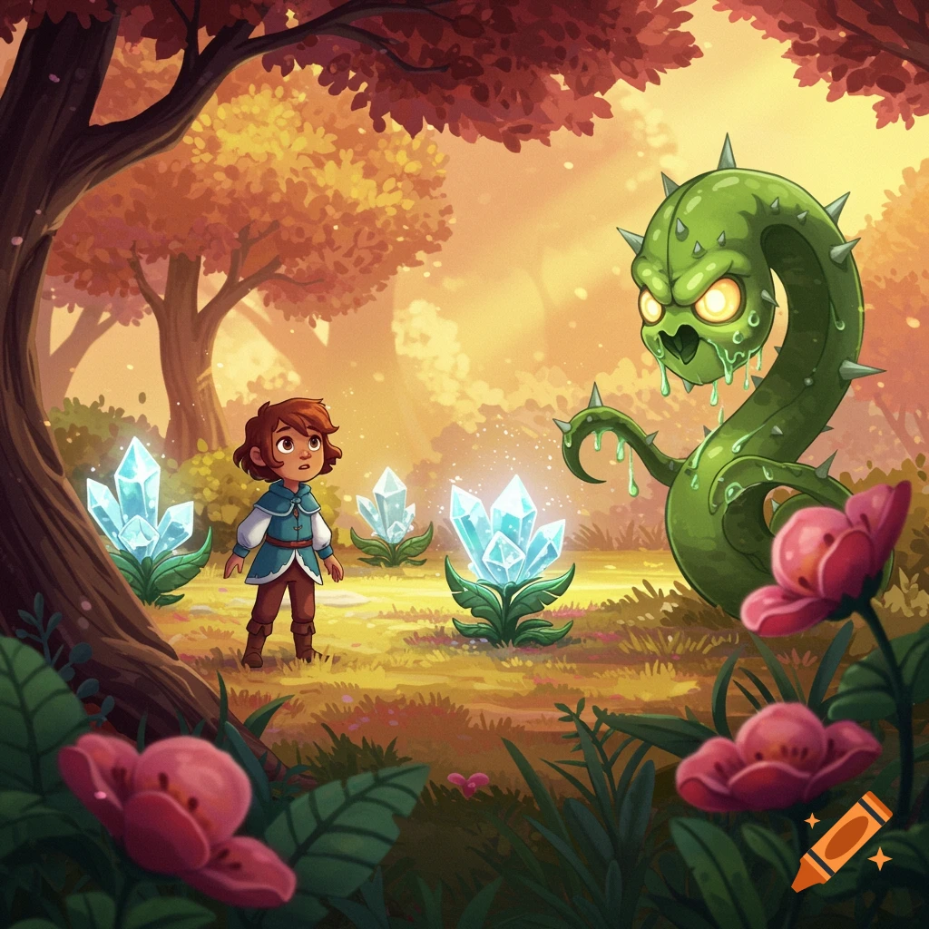 A child adventurer confronts a green monster amidst glowing crystal flowers in a mystical forest, cartoon illustration.