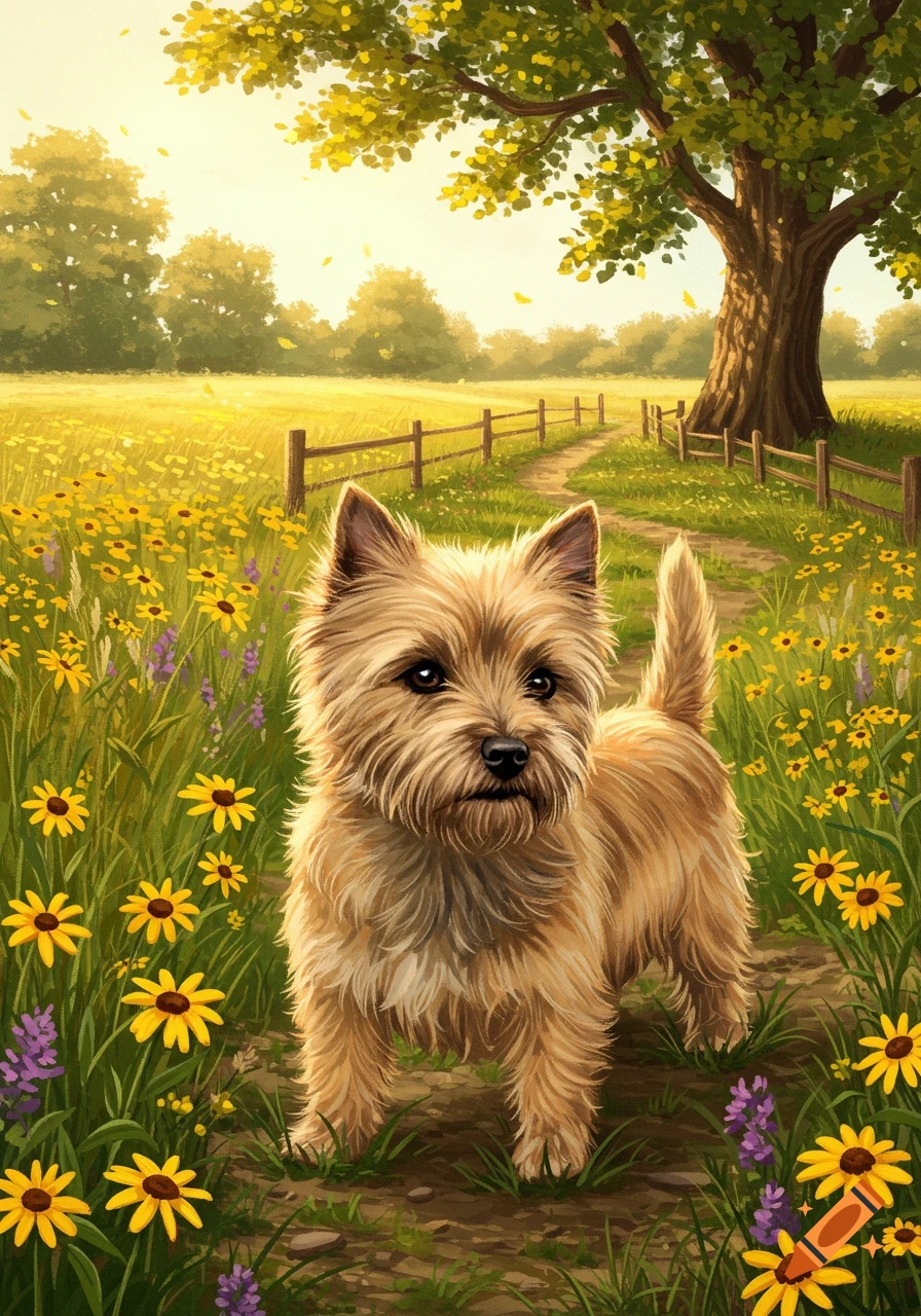 A cute Cairn Terrier stands on a path in a sunny field of yellow and purple wildflowers with a fence and tree, painted style.