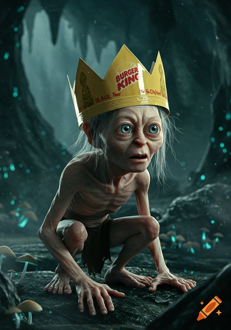 Photorealistic rendering of Gollum crouching in a dark cave with glowing mushrooms, wearing a Burger King crown.