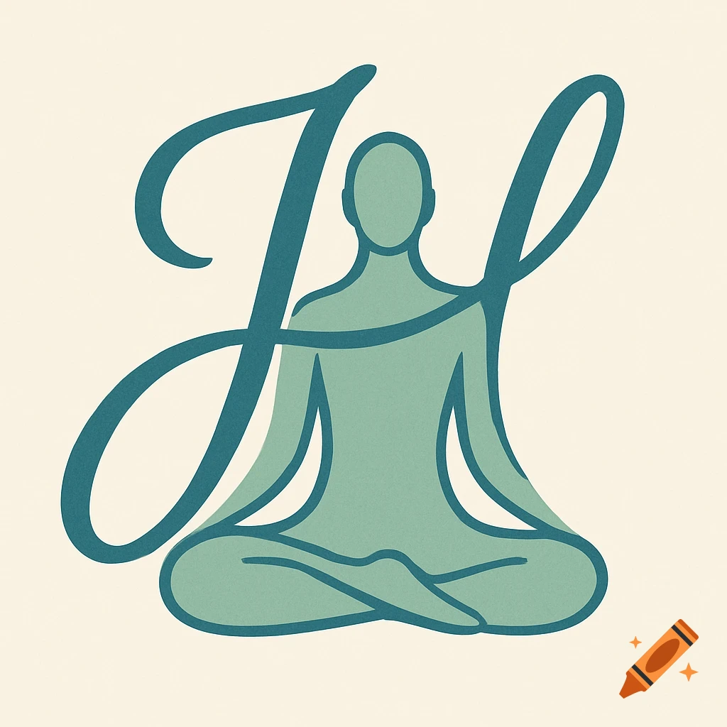 Stylized illustration of a person in a meditative pose, formed by the cursive letters J and H, on a cream background.