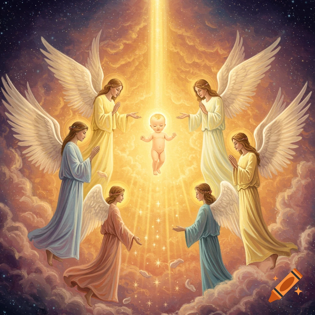 A celestial painting of a glowing baby floating in a beam of light, surrounded by six angels with white wings amidst clouds and stars.
