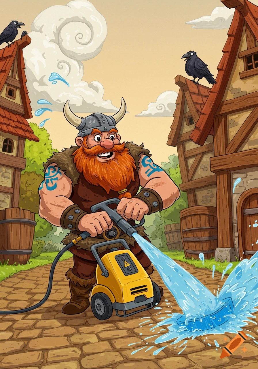 A smiling cartoon viking with a red beard and horned helmet power washing a cobbled path in a village, with crows on rooftops.
