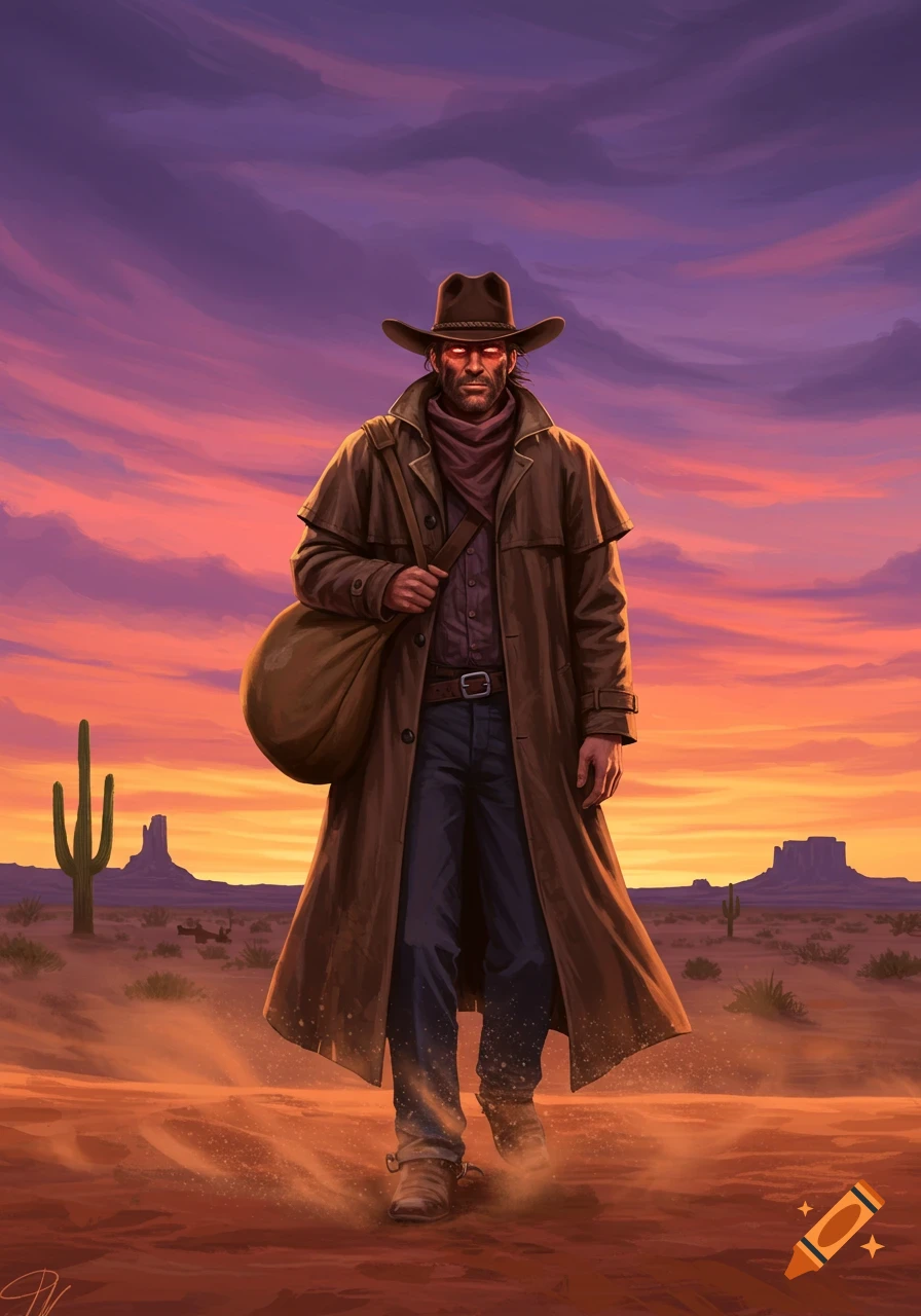 Illustrated man in a cowboy hat and duster coat with glowing red eyes walks through a desert at sunset.