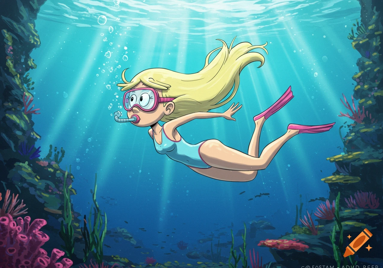 A blonde cartoon girl in a light blue swimsuit, diving mask, and pink fins swims underwater in a vibrant coral reef.