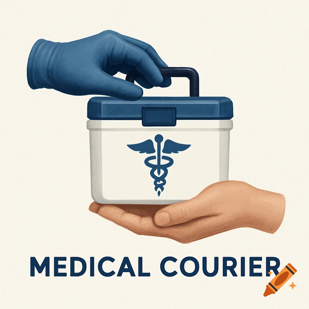 Stylized illustration of a gloved hand handing a medical cooler to another hand, with 'MEDICAL COURIER' text.