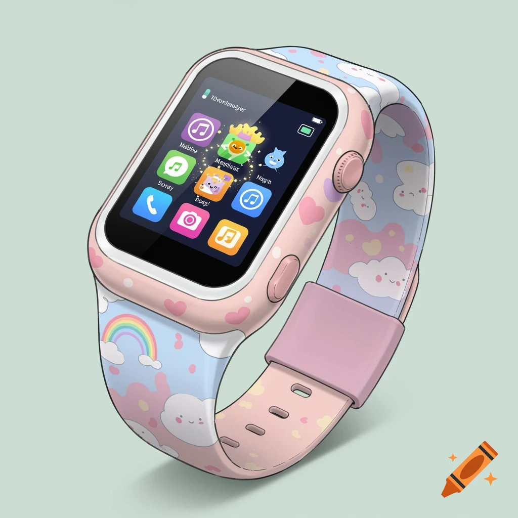 A pink and blue kids' smartwatch with a colorful, cartoonish strap featuring rainbows, clouds, and hearts. The screen shows app icons.