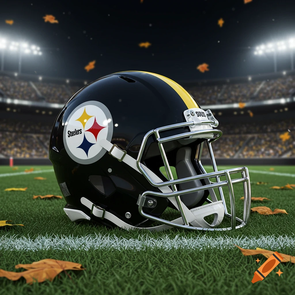 A close-up of a black Pittsburgh Steelers football helmet with a yellow stripe, resting on a green field with autumn leaves, under stadium lights at night.